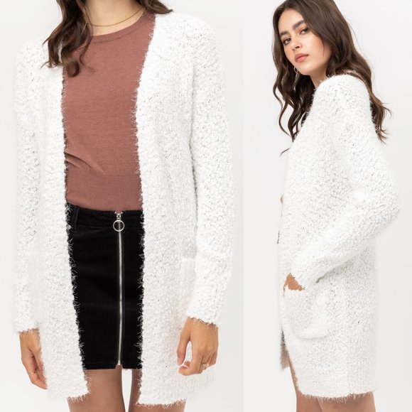 White Eyelash Popcorn Knit Long Cardigan Pockets - Picture 9 of 12